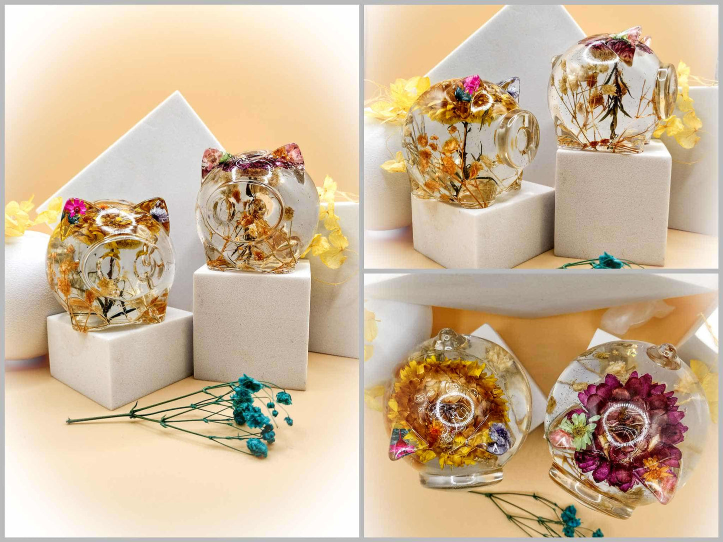 Pair of clear resin acrylic pigs (with flowers inside)