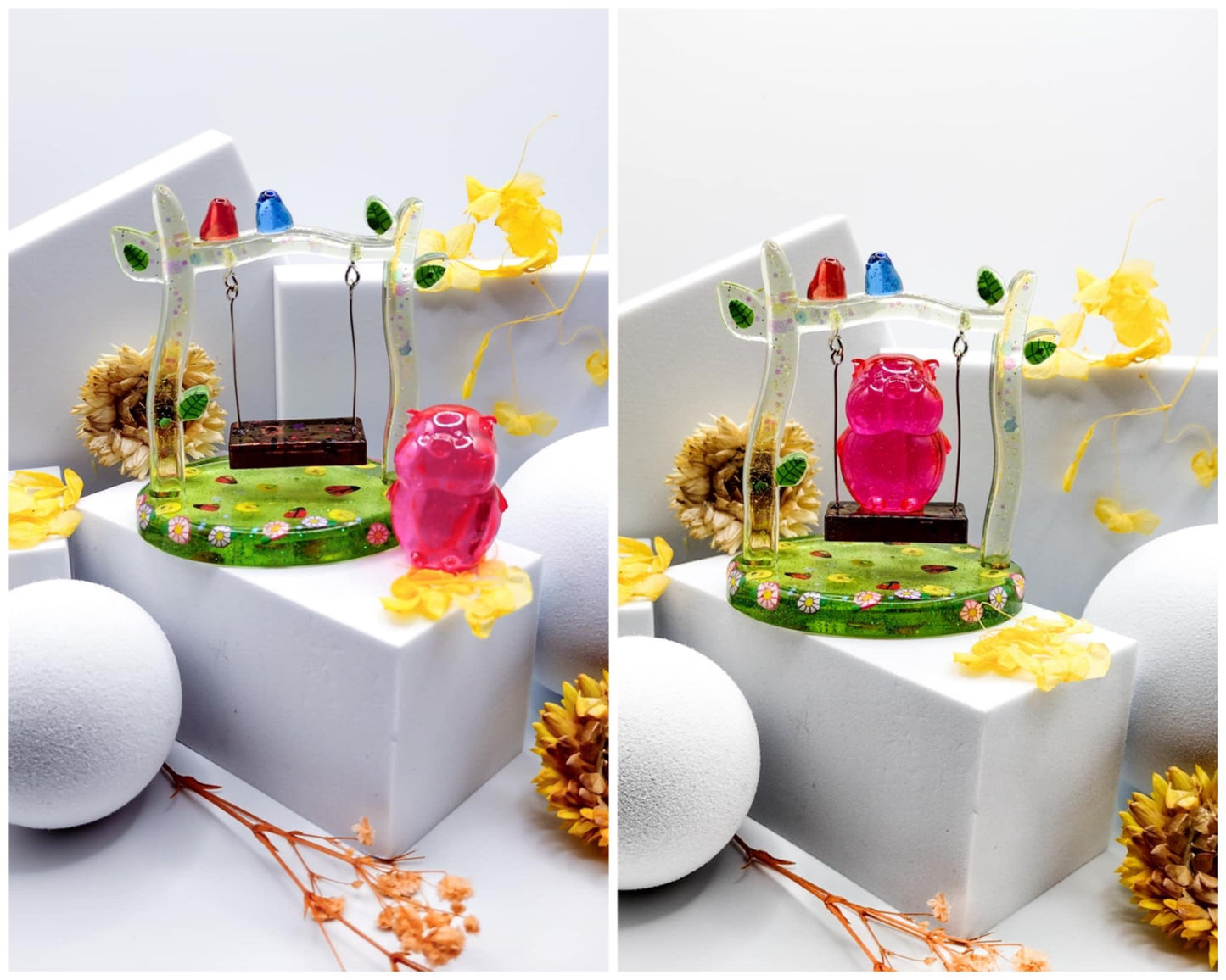 Acrylic epoxy resin pig on a swing