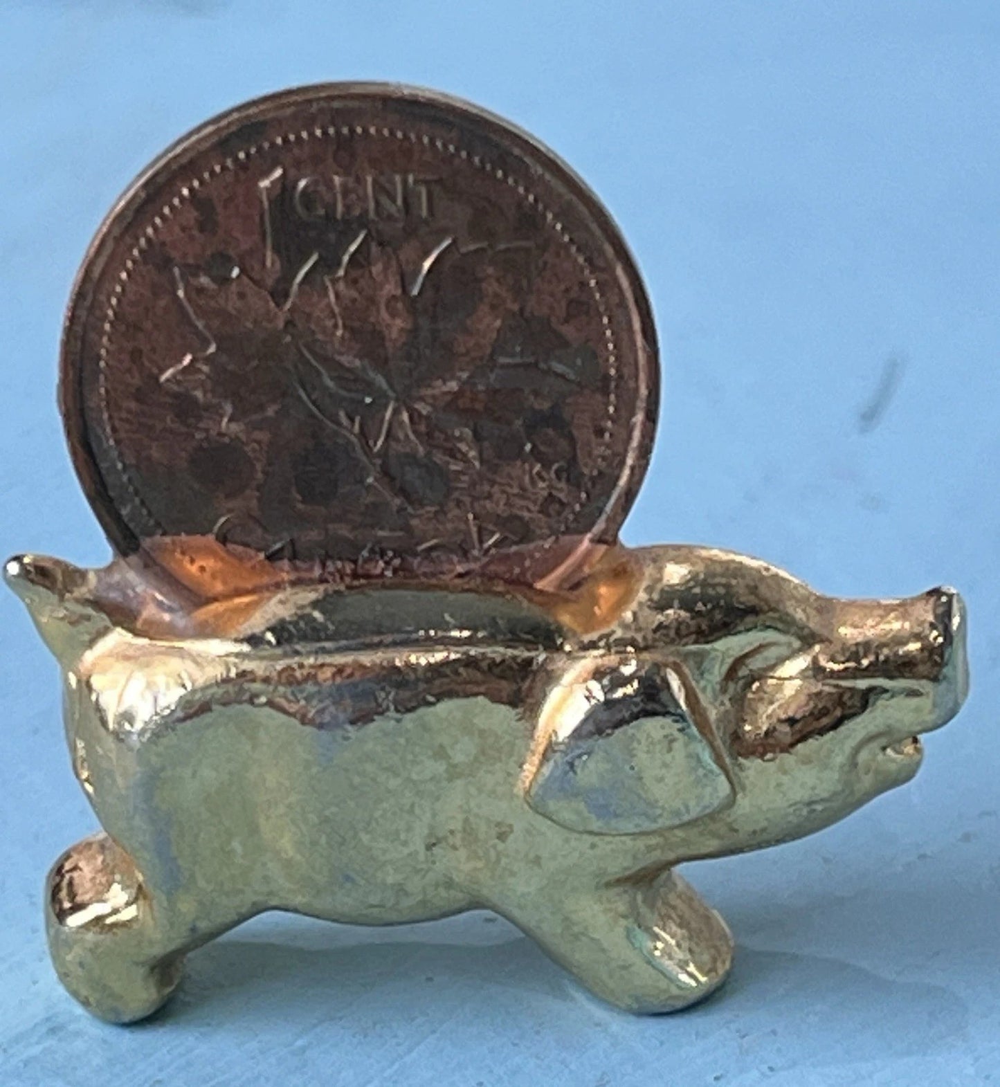 Gold Tone Mini Piggy Bank with Canadian Penny