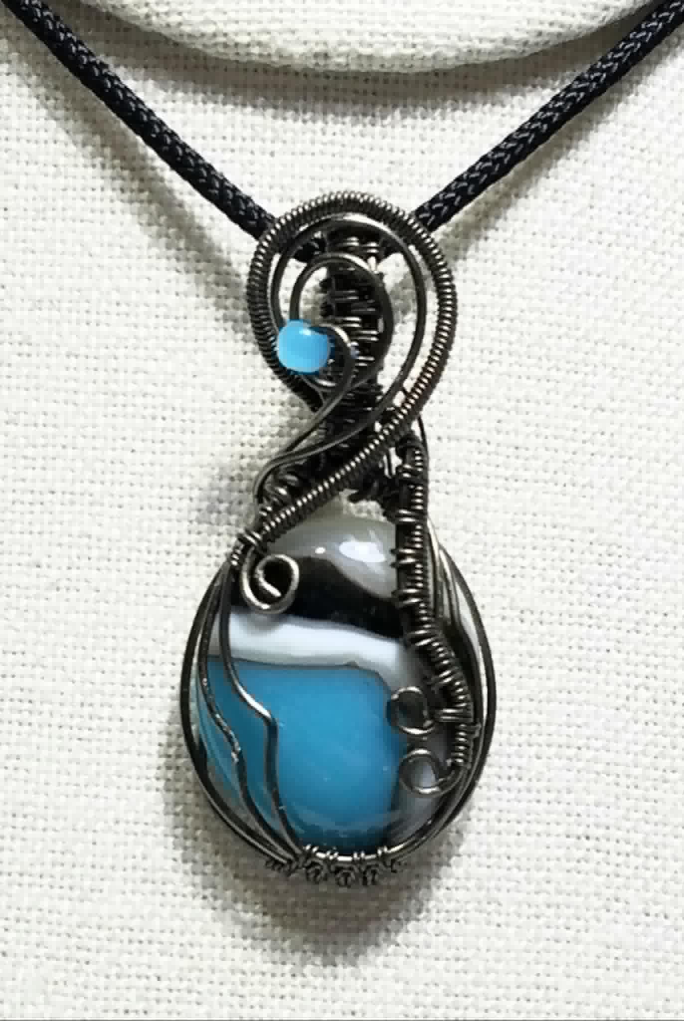 Blue fused glass wire wrap pendant