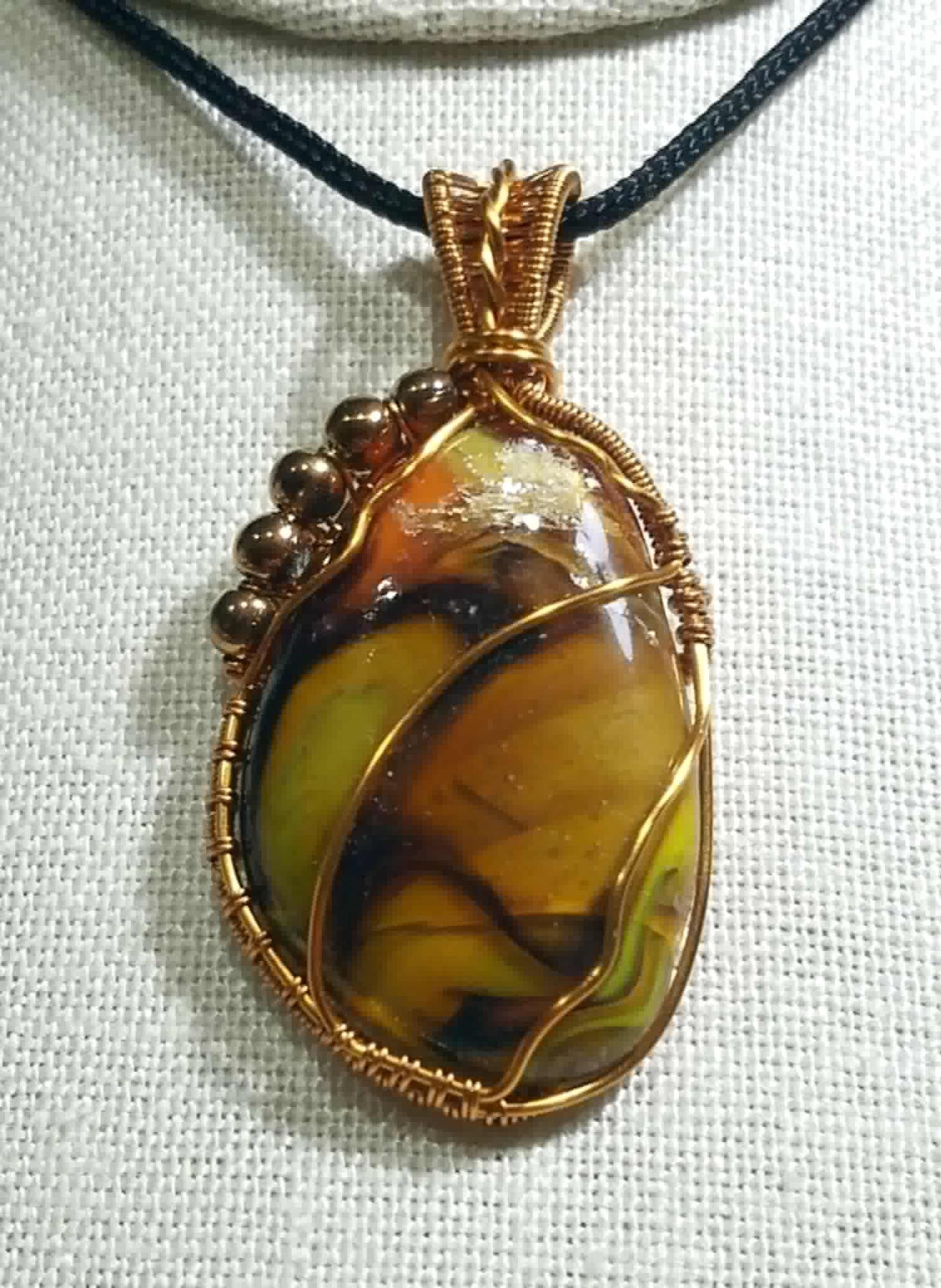 Earthtones fused glass wire wrap pendant