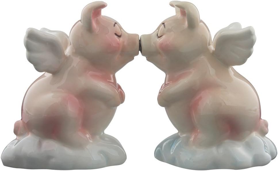 Magnetic snout-noodling angel piggy salt and pepper shakers