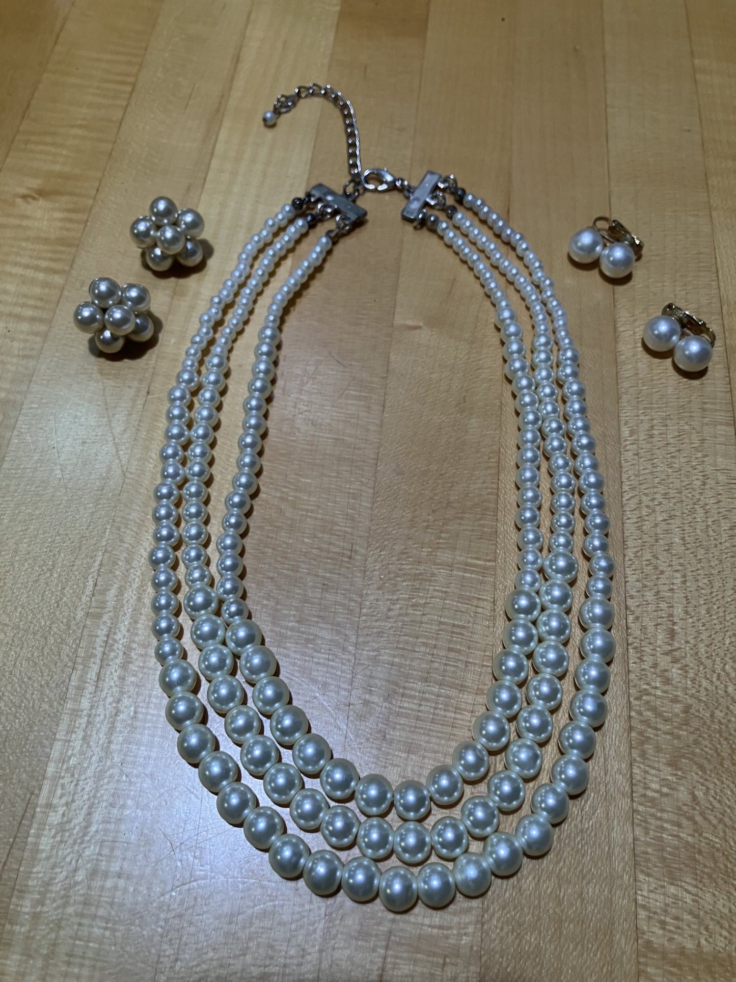 ITEM UPDATE: Vintage 3-strand faux pearl necklace and "old school" clip on earrings costume jewelry