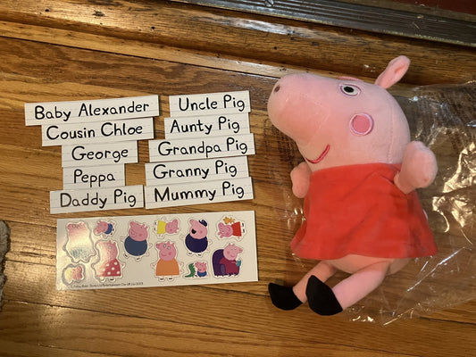 Peppa Pig stuffie and fridge magnets