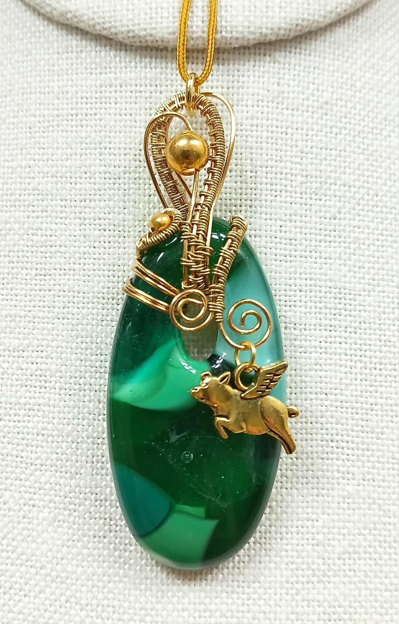 Fused glass Flying pig wire wrap pendant and necklace