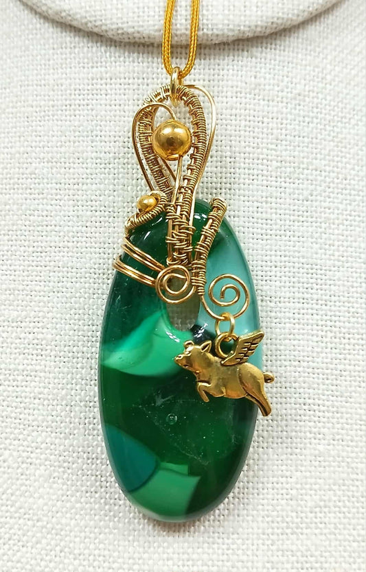 Fused glass Flying pig wire wrap pendant and necklace