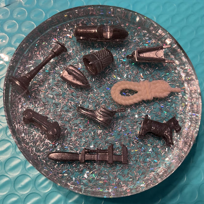 Resin coaster or paperweight made from vintage game pieces