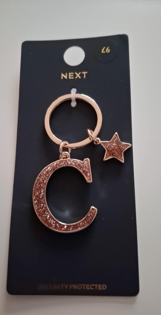 Initial "C" Glitter Key RIng (Rose Gold Tone)