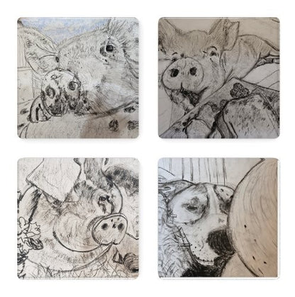 Set of 4 coasters featuring our favorite pigs and one energetic dog.