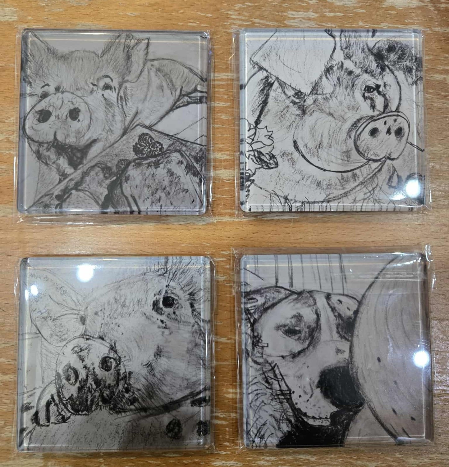 Set of 4 coasters featuring our favorite pigs and one energetic dog.