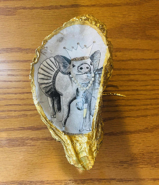 Piggy oyster shell trinket dish with stand