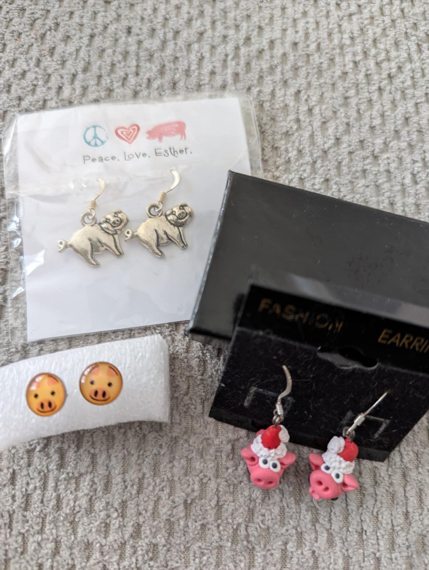Santa Pig , small pig face and Peace.Love.Esther earrings