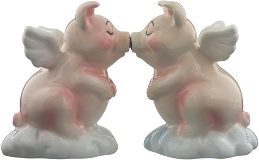Magnetic snout-noodling angel piggy salt and pepper shakers